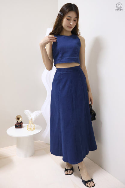 *Editor's Pick* Priya Denim Sleeveless Top & Maxi Skirt Co-Ord Set In Dark Wash