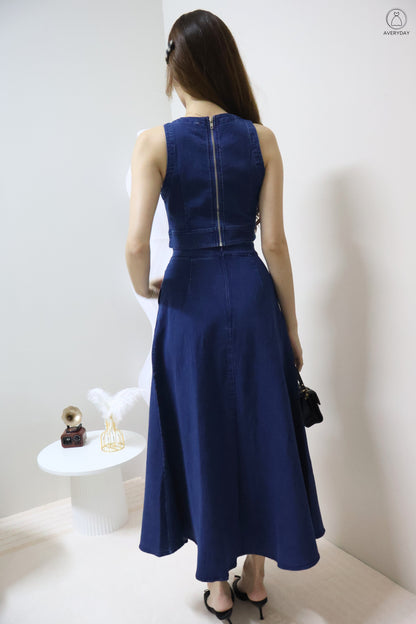 *Editor's Pick* Priya Denim Sleeveless Top & Maxi Skirt Co-Ord Set In Dark Wash