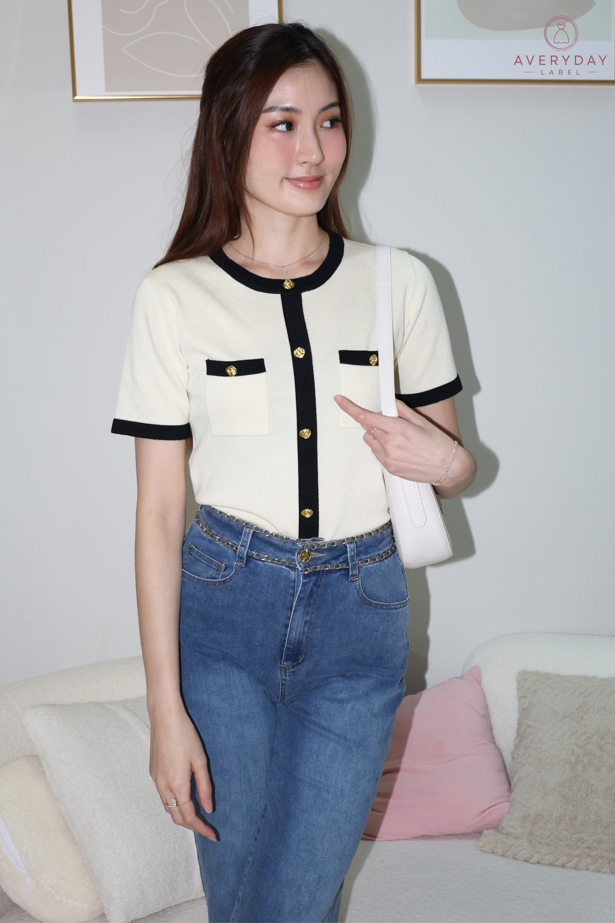 *AVD Label* Gretchen Rose Button Contrast Trim Knit Top In Cream