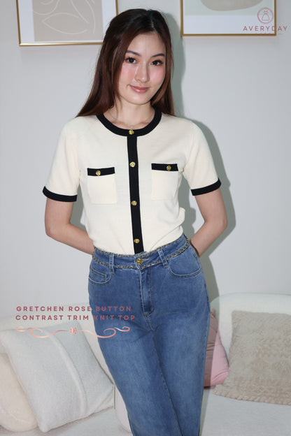 *AVD Label* Gretchen Rose Button Contrast Trim Knit Top In Cream