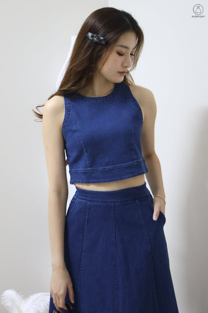 *Editor's Pick* Priya Denim Sleeveless Top & Maxi Skirt Co-Ord Set In Dark Wash