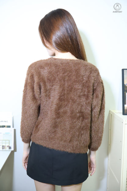 Tully Furry Pearl Button Cardigan In Brown