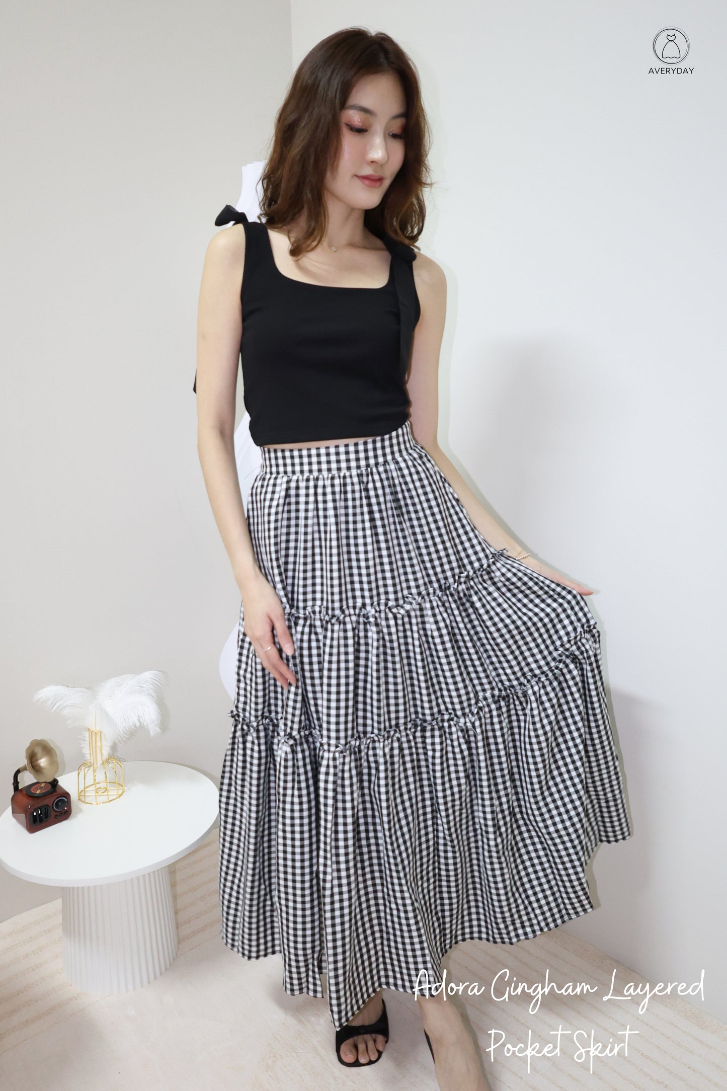 Adora Gingham Layered Pocket Skirt In Black