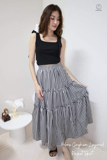 Adora Gingham Layered Pocket Skirt In Black