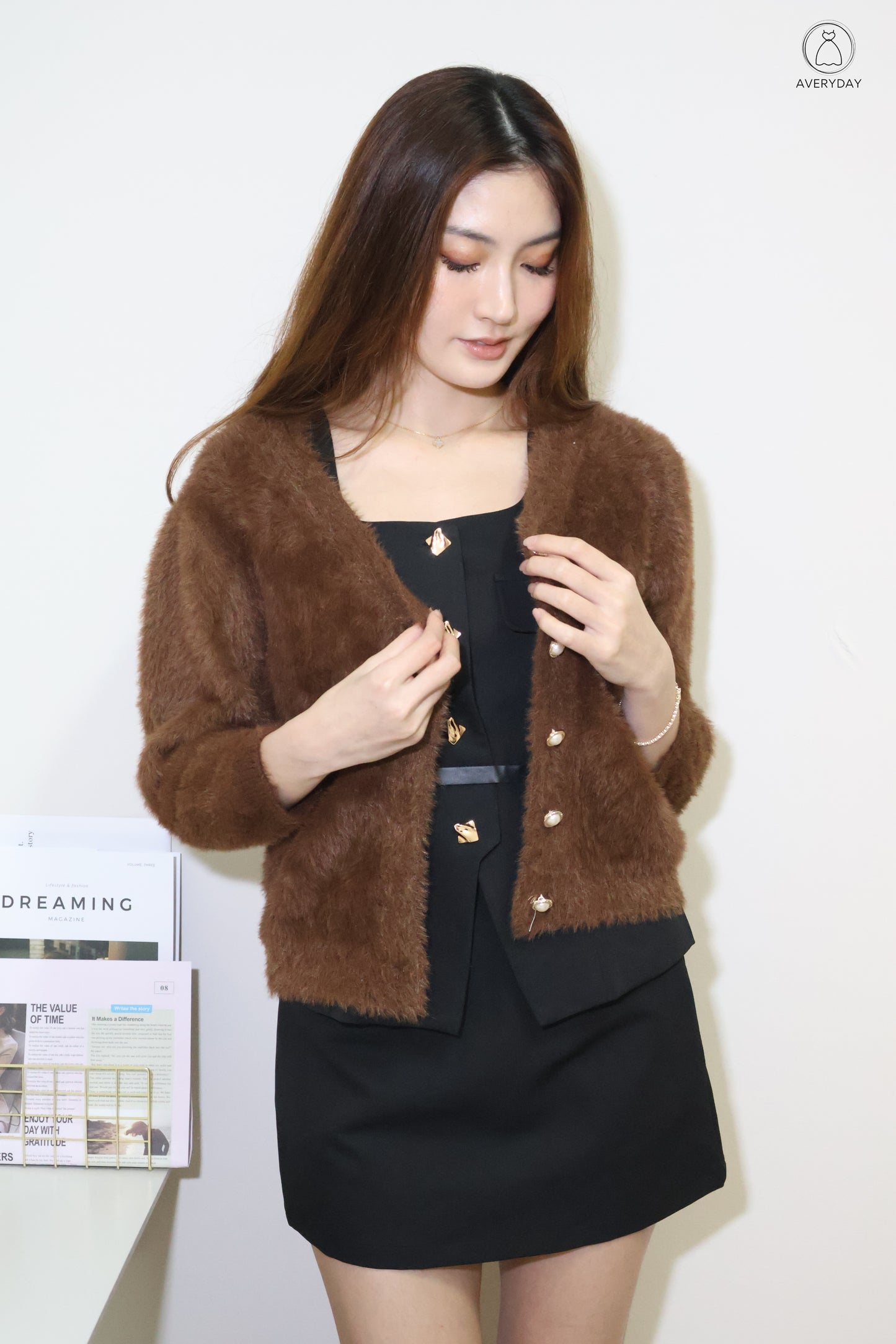 Tully Furry Pearl Button Cardigan In Brown