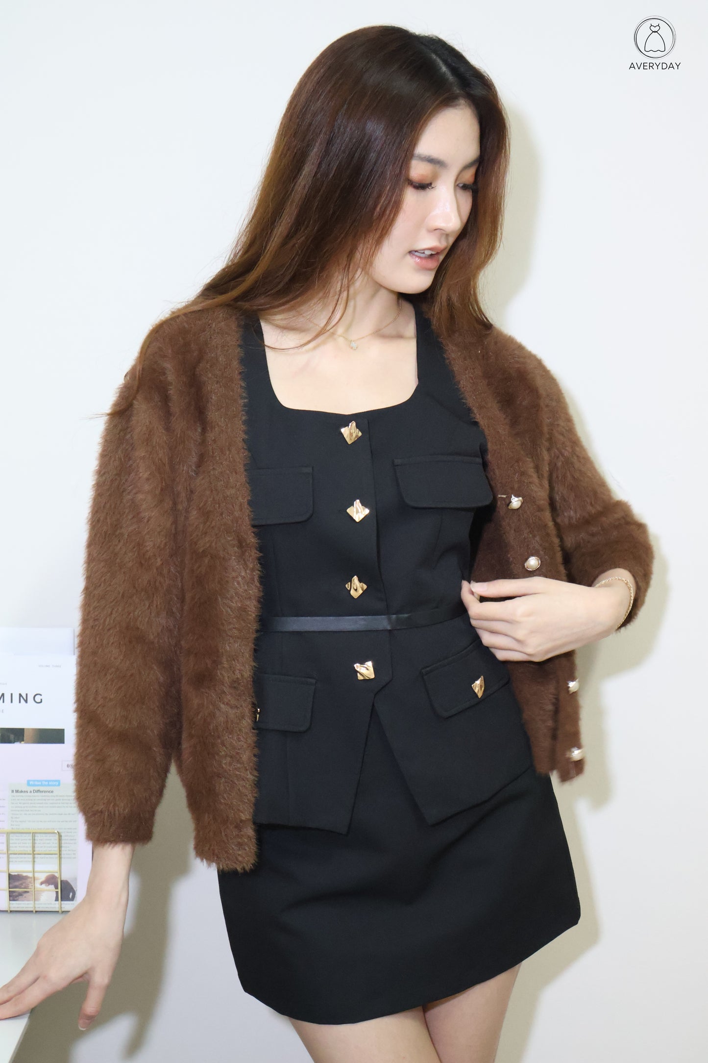 Tully Furry Pearl Button Cardigan In Brown