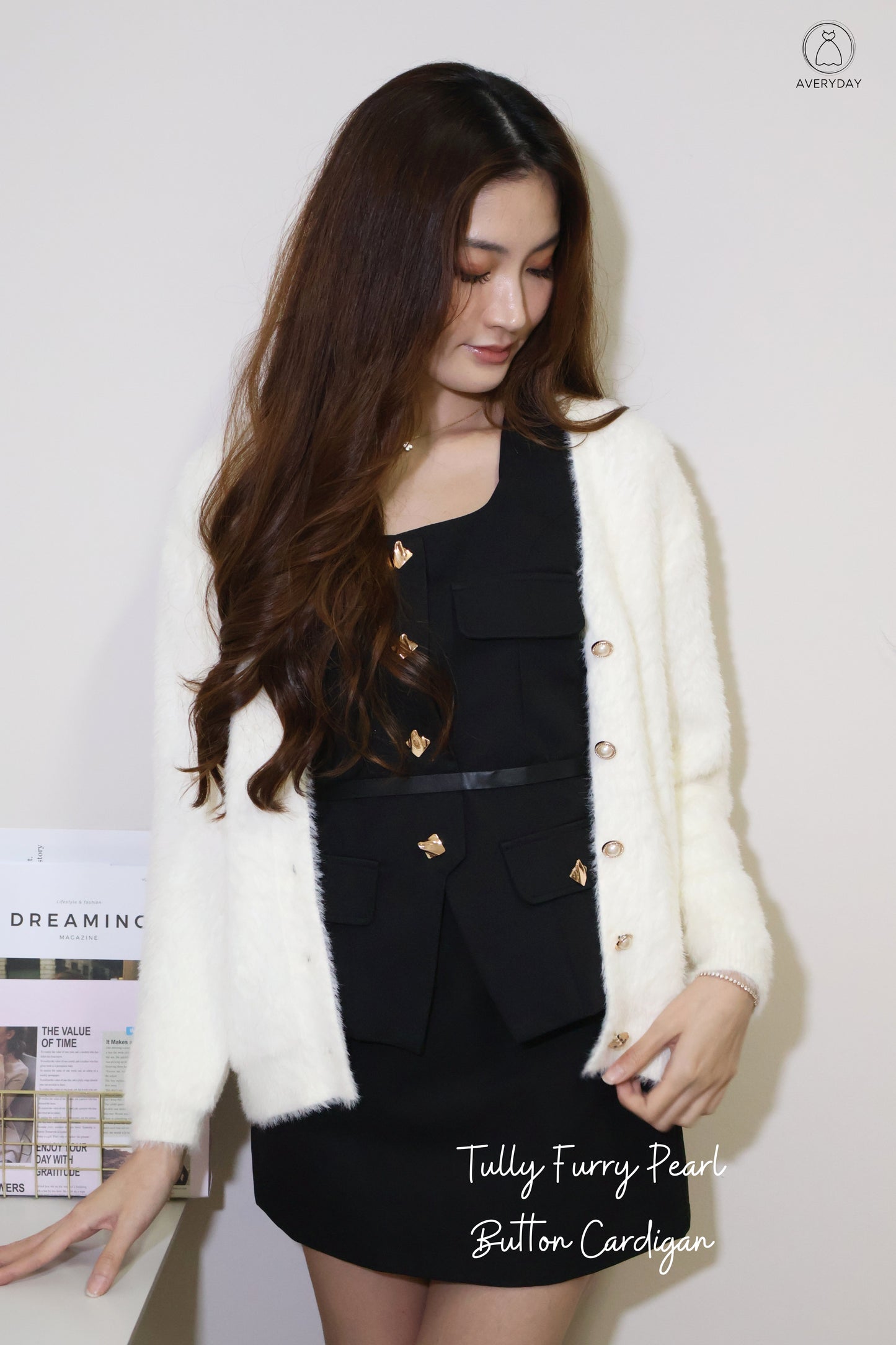Tully Furry Pearl Button Cardigan In White