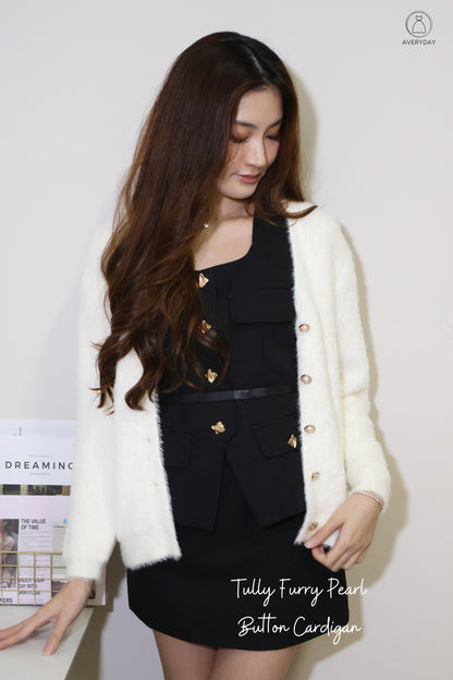 Tully Furry Pearl Button Cardigan In White