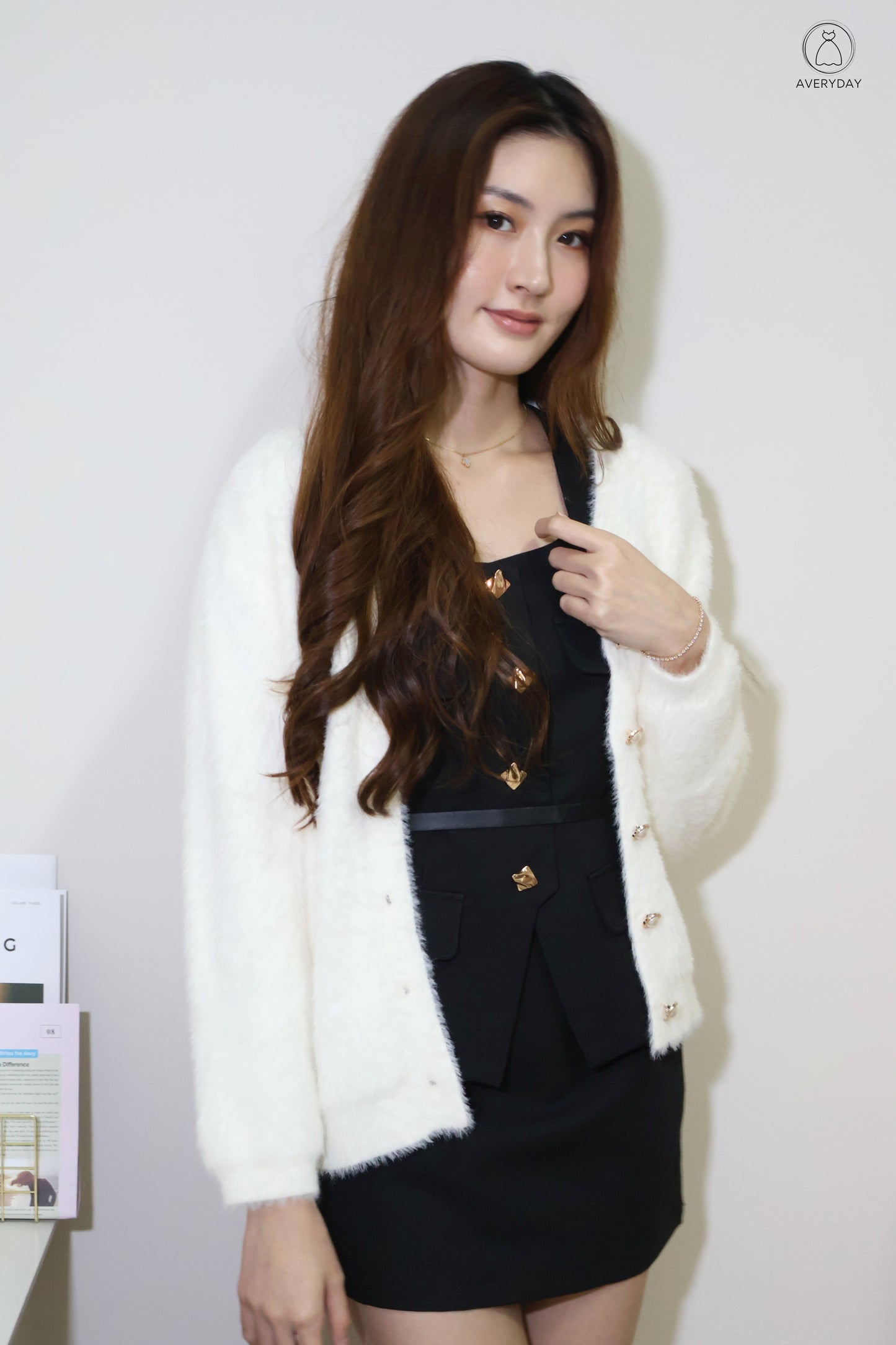 Tully Furry Pearl Button Cardigan In White