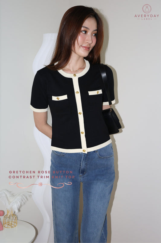 *AVD Label* Gretchen Rose Button Contrast Trim Knit Top In Black