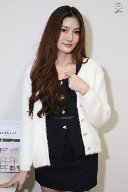 Tully Furry Pearl Button Cardigan In White