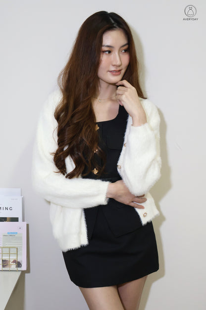 Tully Furry Pearl Button Cardigan In White