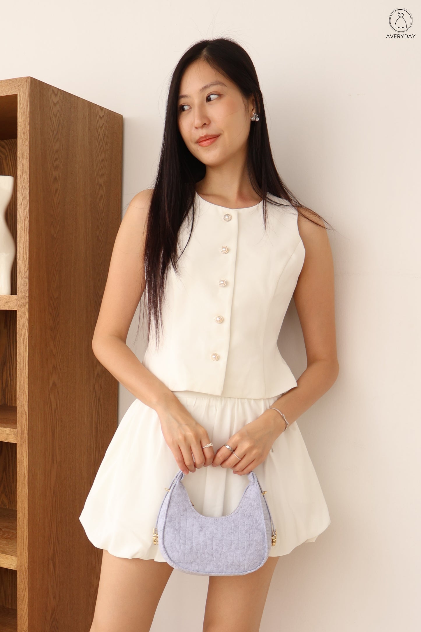 Chelsy Pearl Button Bubble Hem Co-Ords Set In White