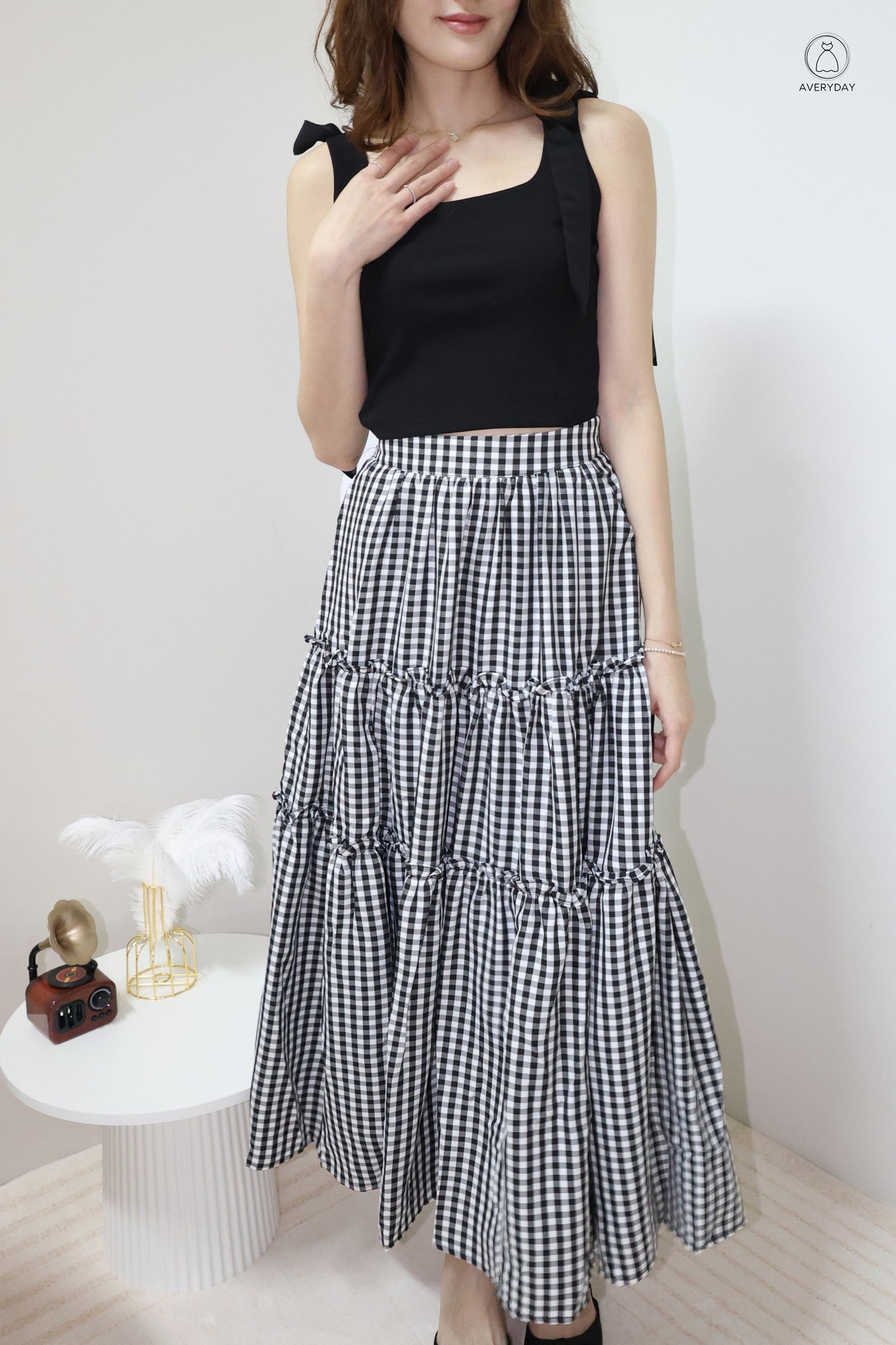 Adora Gingham Layered Pocket Skirt In Black