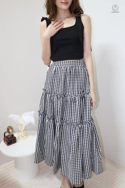 Adora Gingham Layered Pocket Skirt In Black