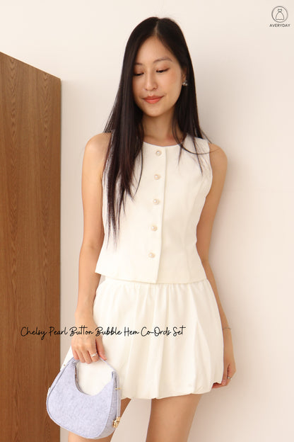 Chelsy Pearl Button Bubble Hem Co-Ords Set In White