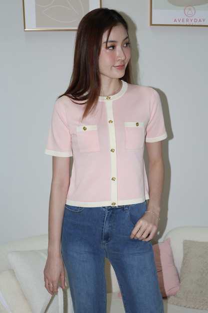 *AVD Label* Gretchen Rose Button Contrast Trim Knit Top In Pink