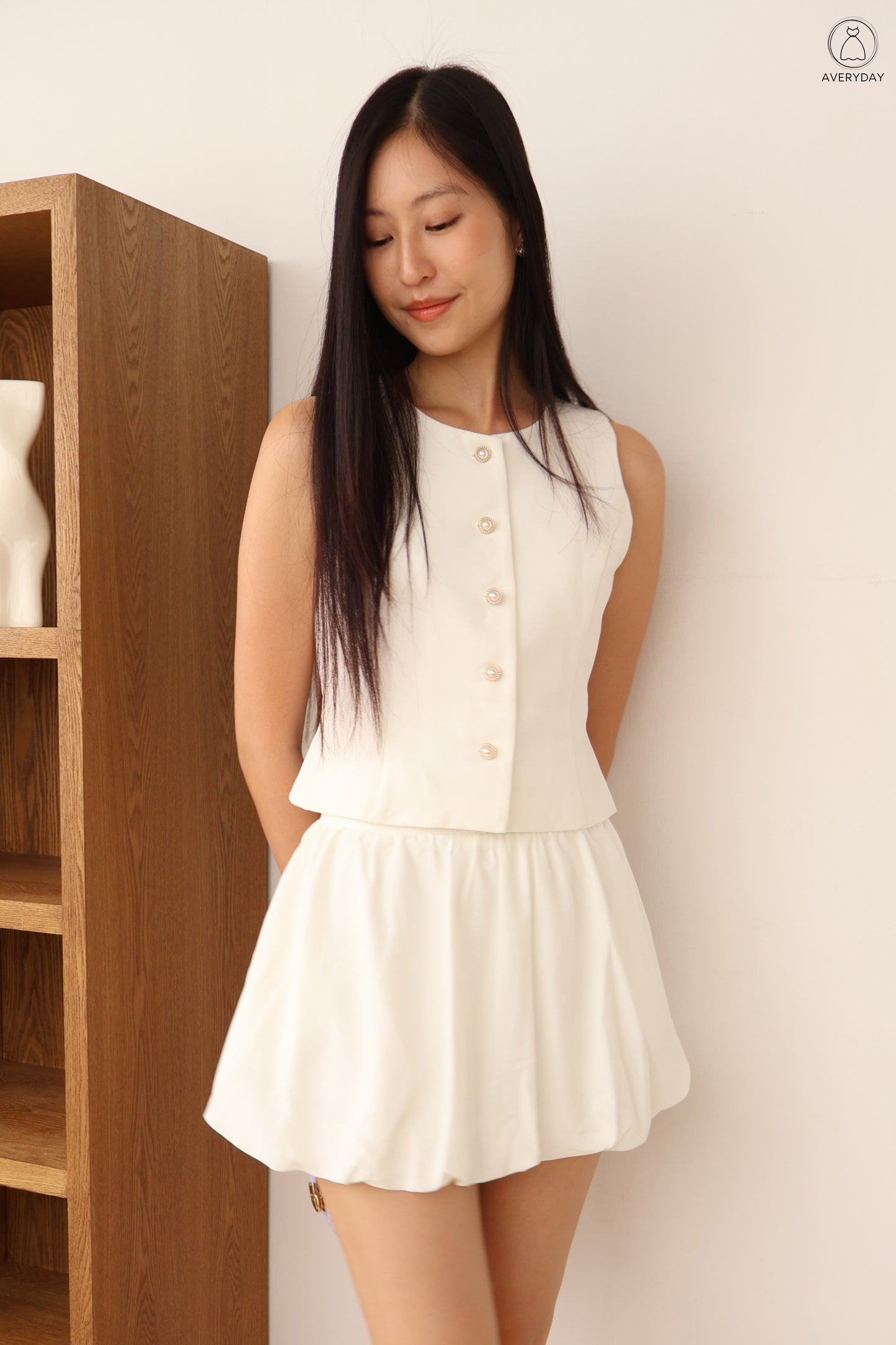 Chelsy Pearl Button Bubble Hem Co-Ords Set In White