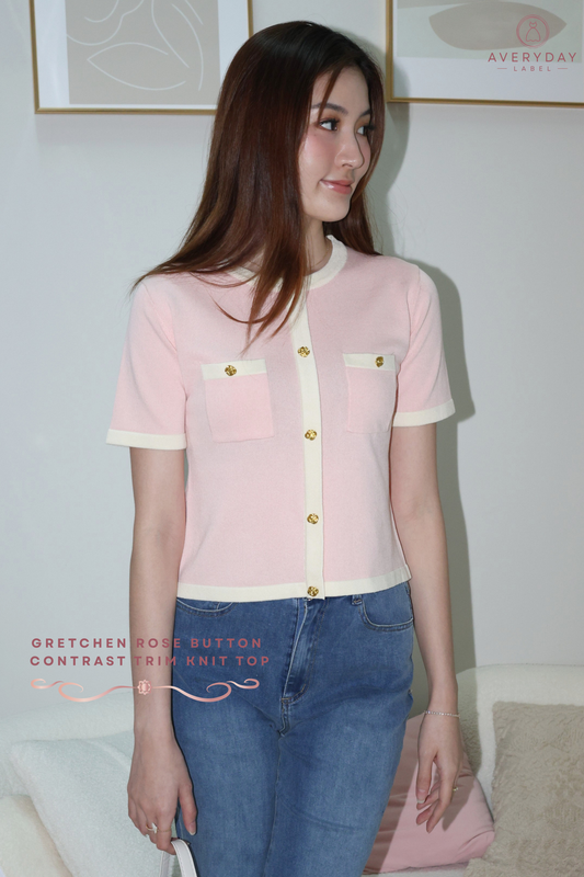 *AVD Label* Gretchen Rose Button Contrast Trim Knit Top In Pink