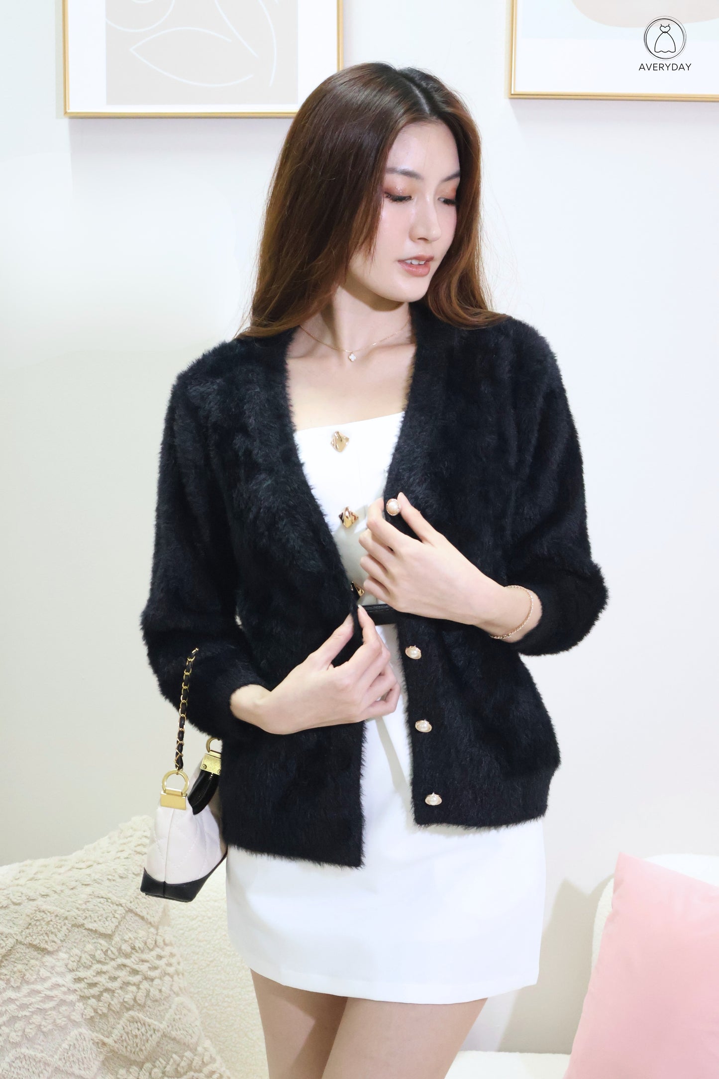 Tully Furry Pearl Button Cardigan In Black