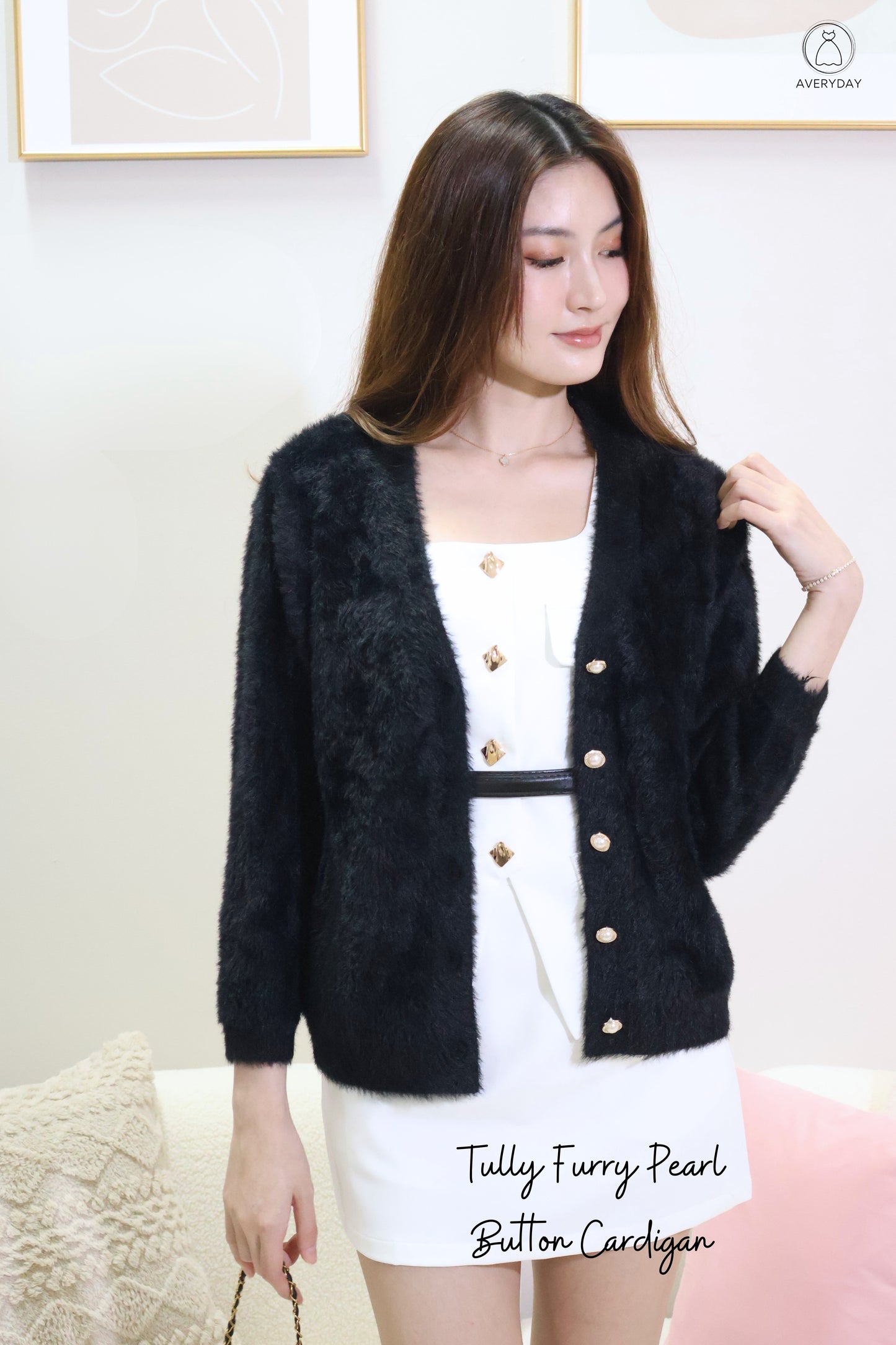 Tully Furry Pearl Button Cardigan In Black