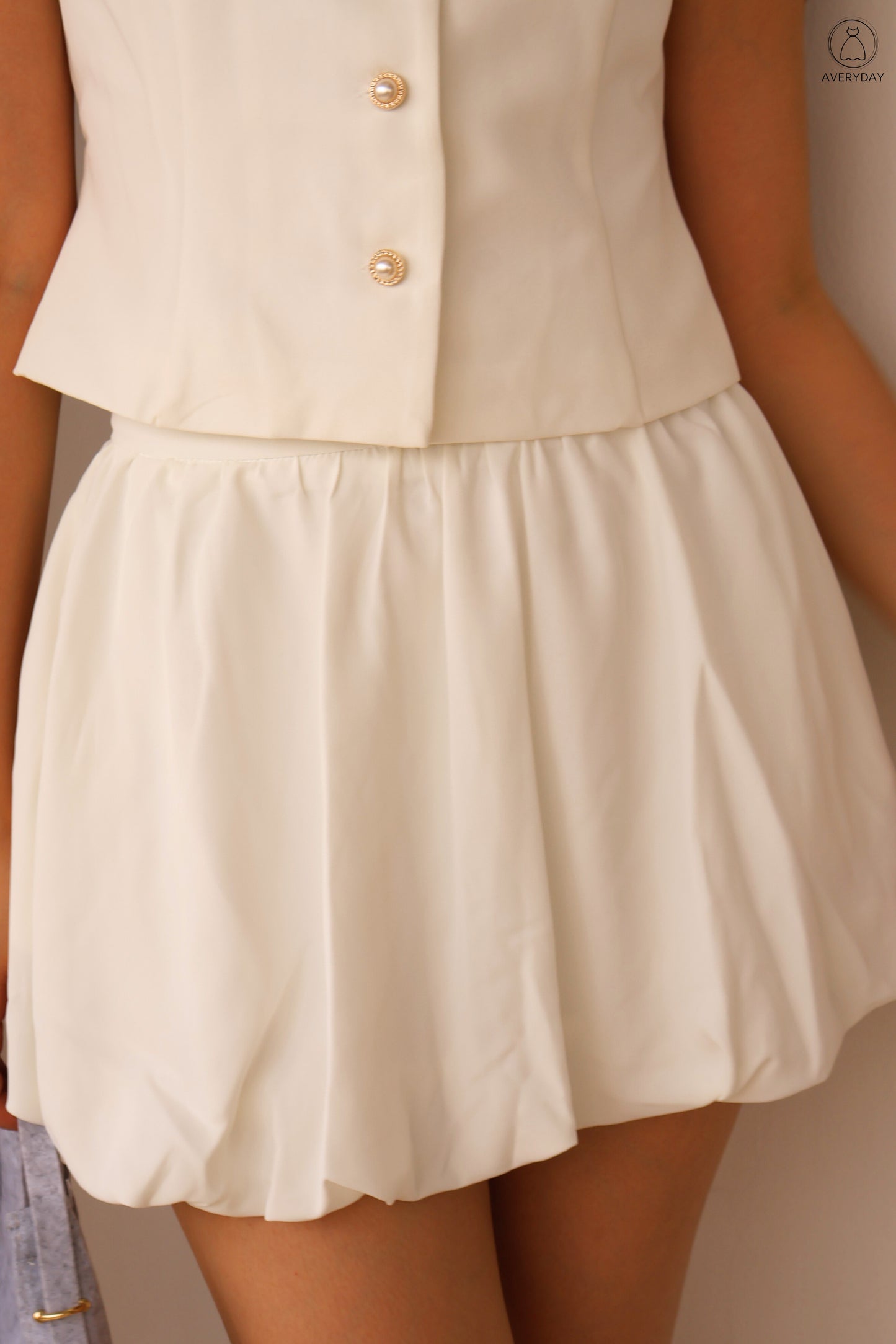 Chelsy Pearl Button Bubble Hem Co-Ords Set In White