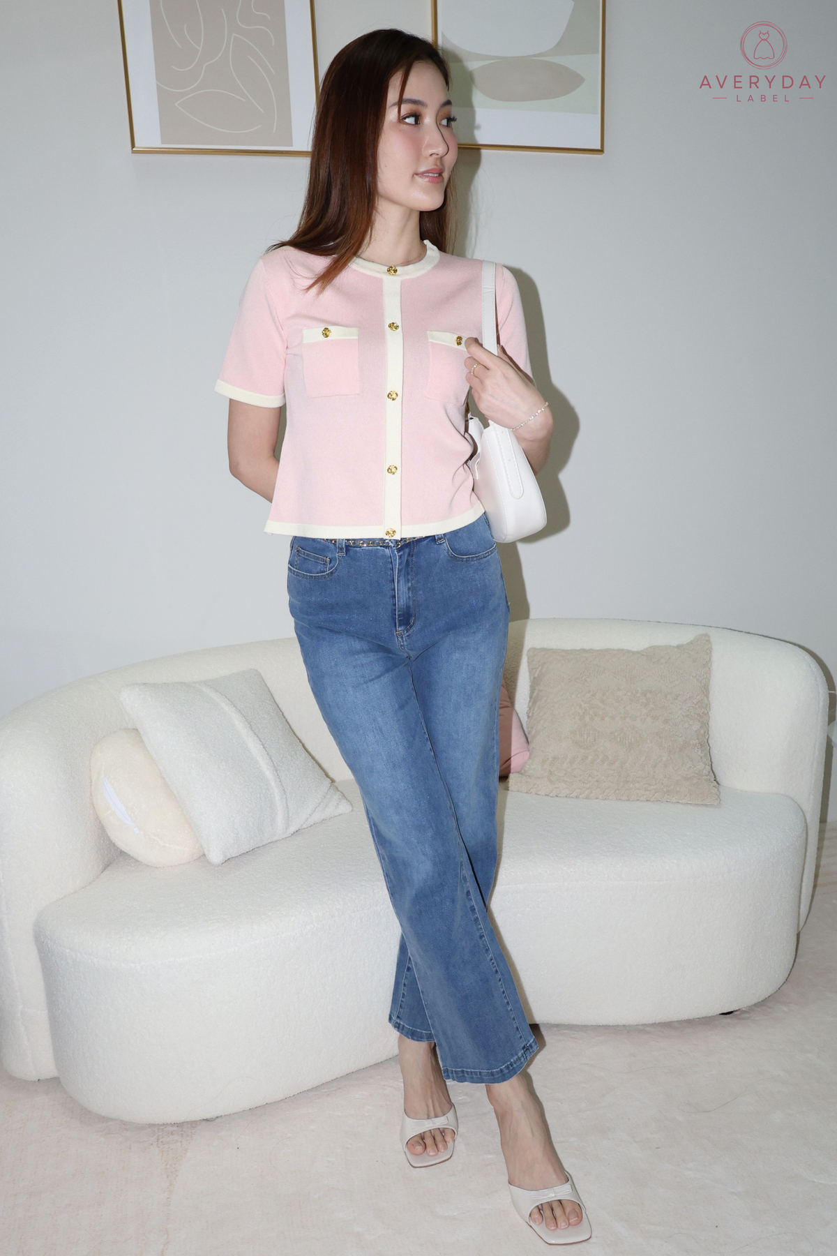 *AVD Label* Gretchen Rose Button Contrast Trim Knit Top In Pink