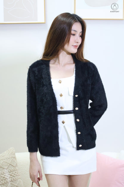 Tully Furry Pearl Button Cardigan In Black