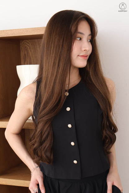 Chelsy Pearl Button Bubble Hem Co-Ords Set In Black