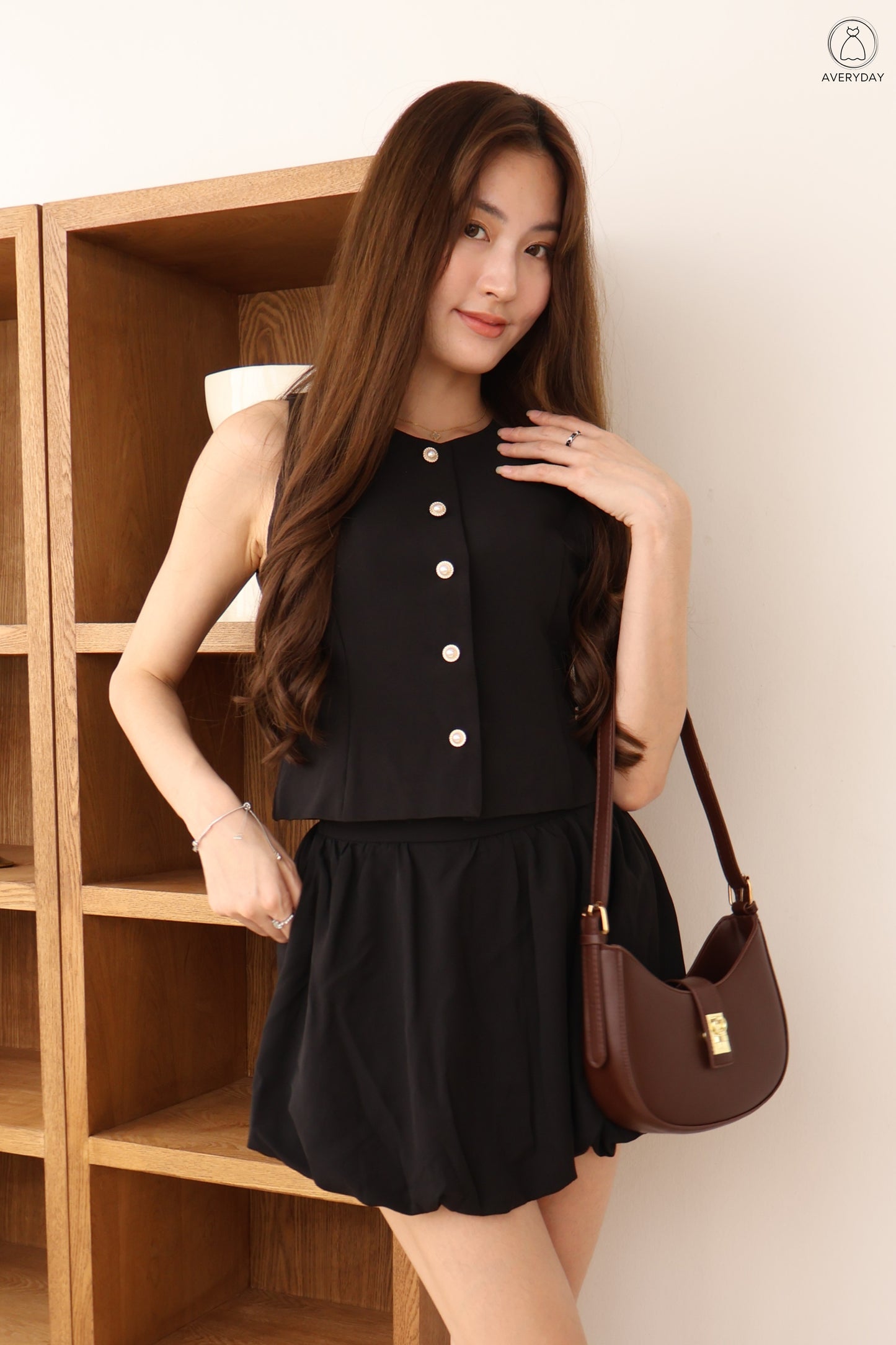 Chelsy Pearl Button Bubble Hem Co-Ords Set In Black