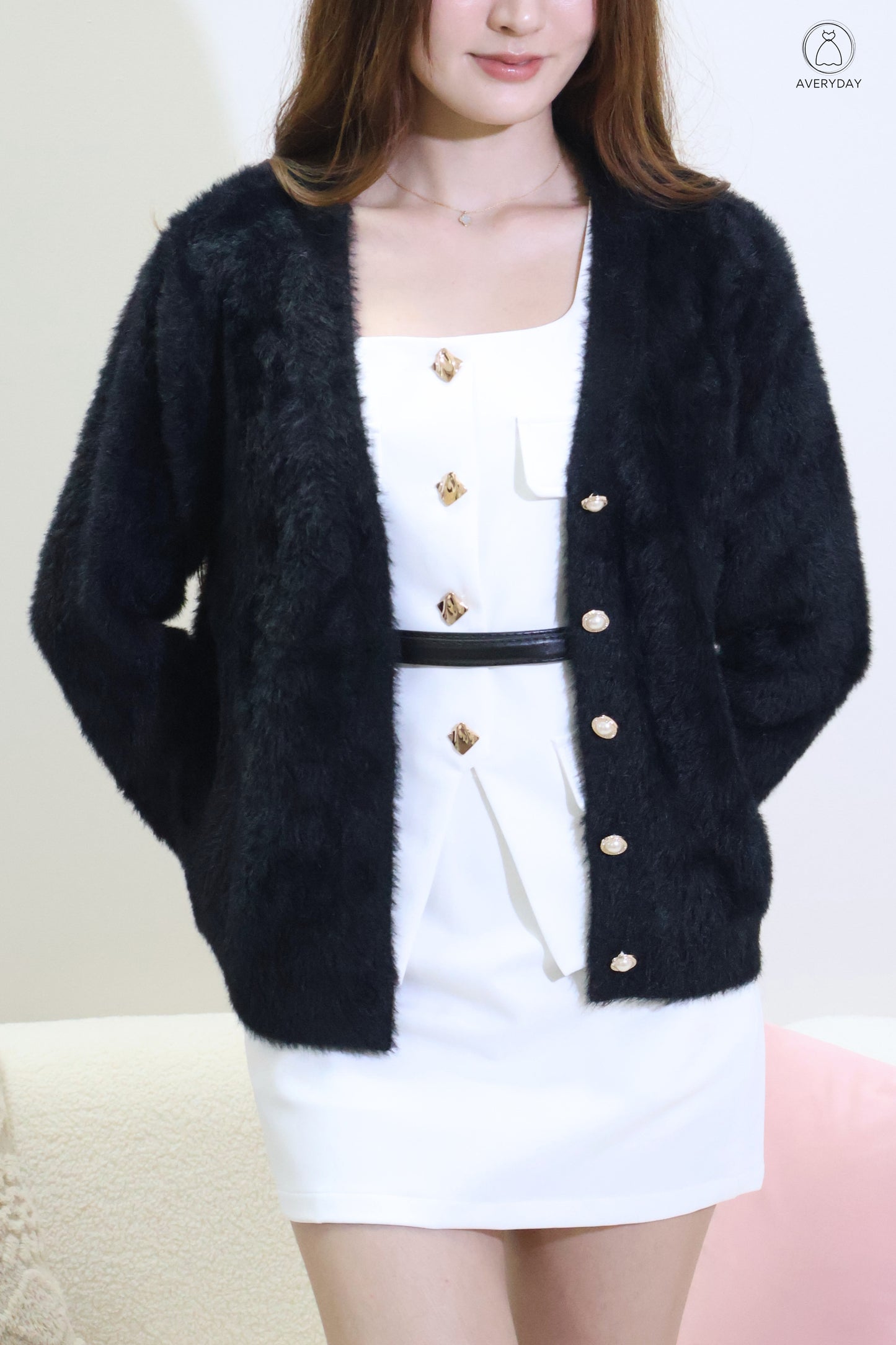 Tully Furry Pearl Button Cardigan In Black