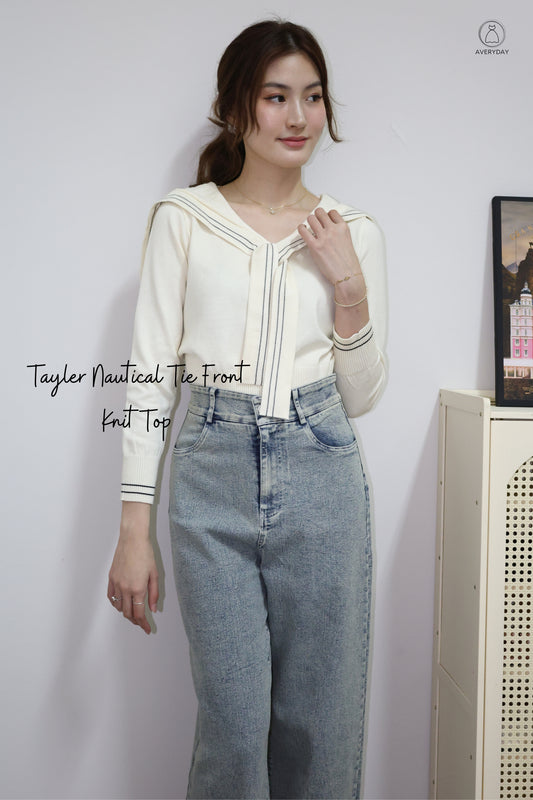 Tayler Nautical Tie Front Knit Top In Cream
