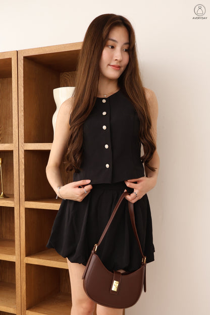 Chelsy Pearl Button Bubble Hem Co-Ords Set In Black