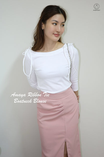 Amaya Ribbon Tie Boatneck Blouse In White