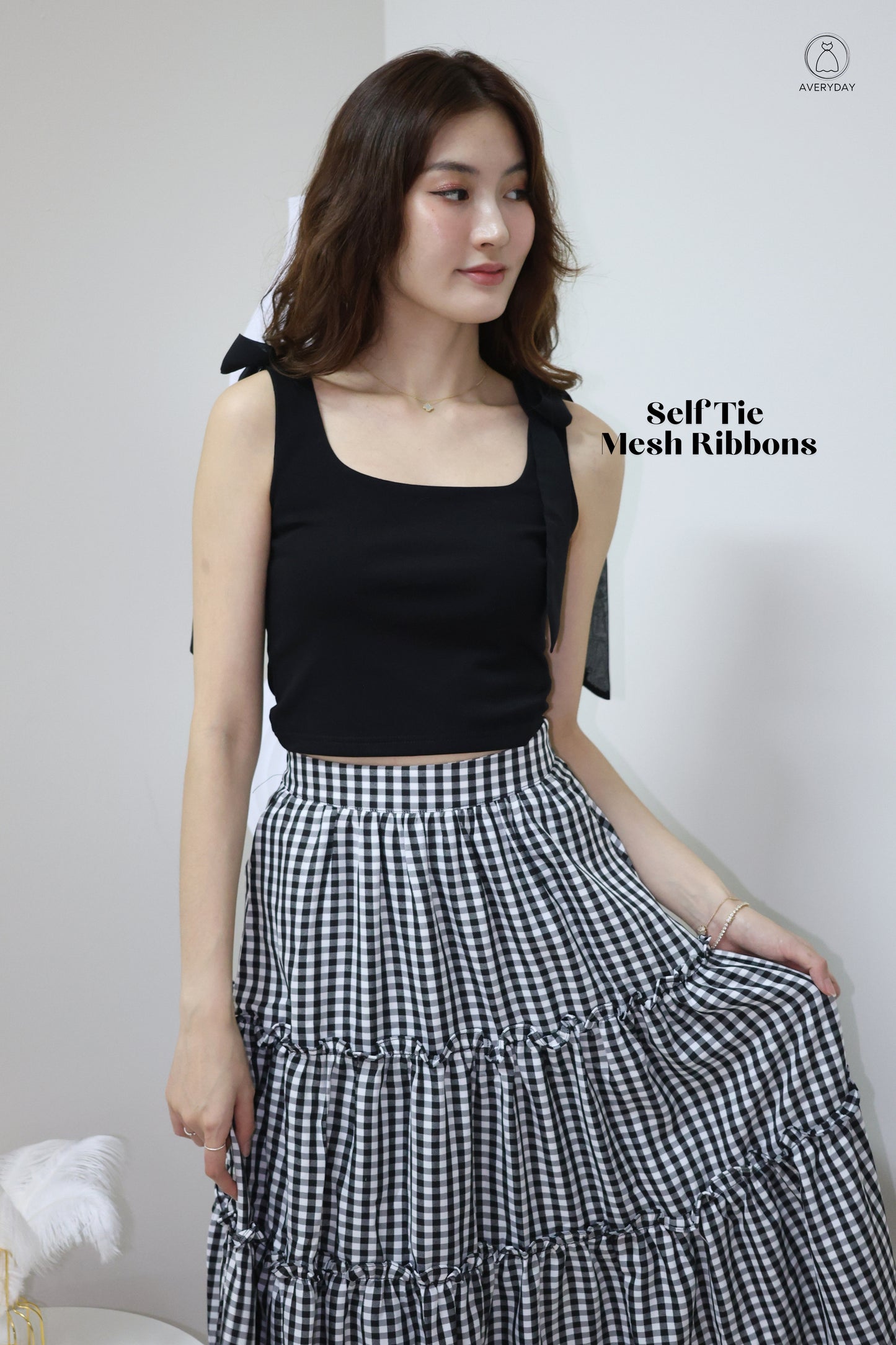 Ammie Self-Tie Mesh Ribbon Top In Black