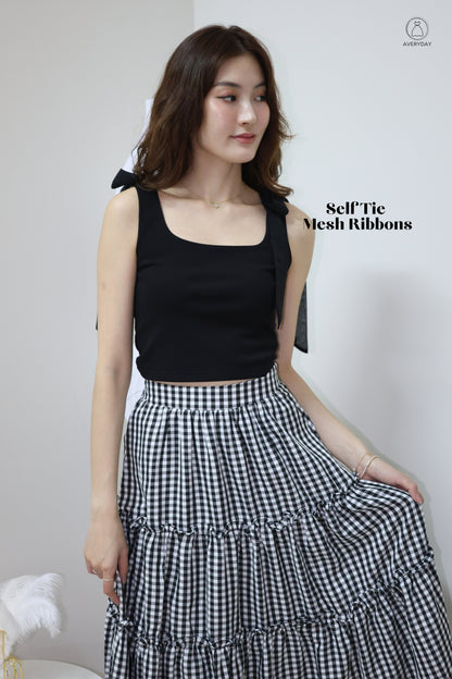 Ammie Self-Tie Mesh Ribbon Top In Black