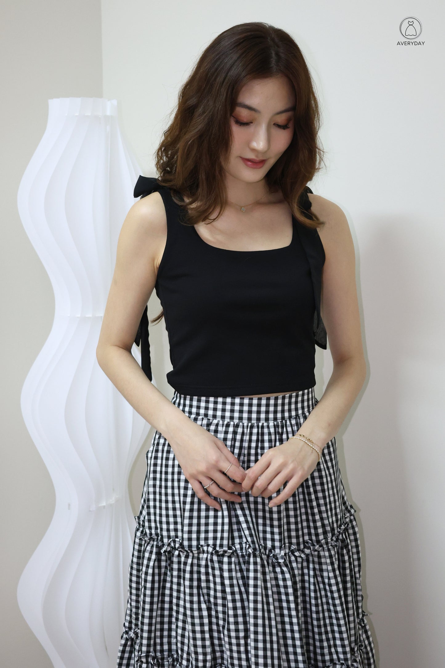 Adora Gingham Layered Pocket Skirt In Black