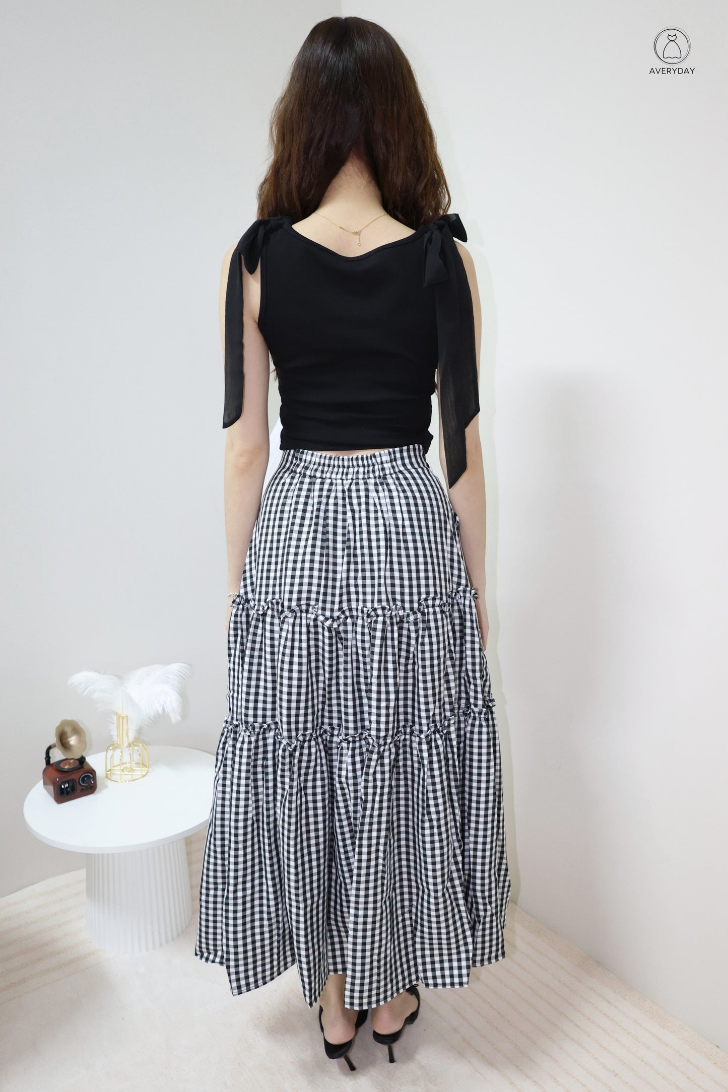 Adora Gingham Layered Pocket Skirt In Black