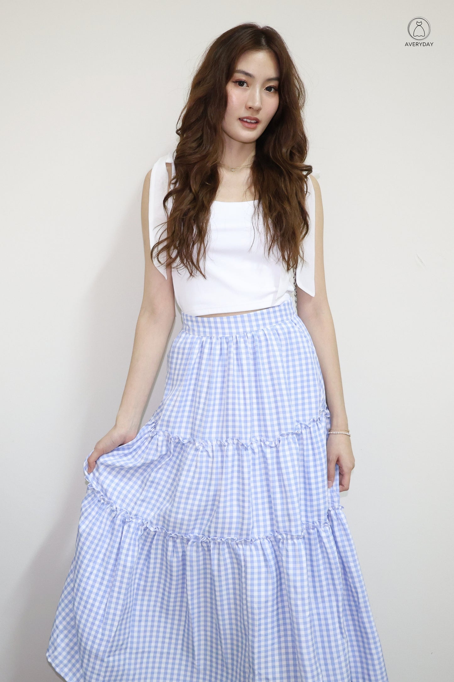 Adora Gingham Layered Pocket Skirt In Blue