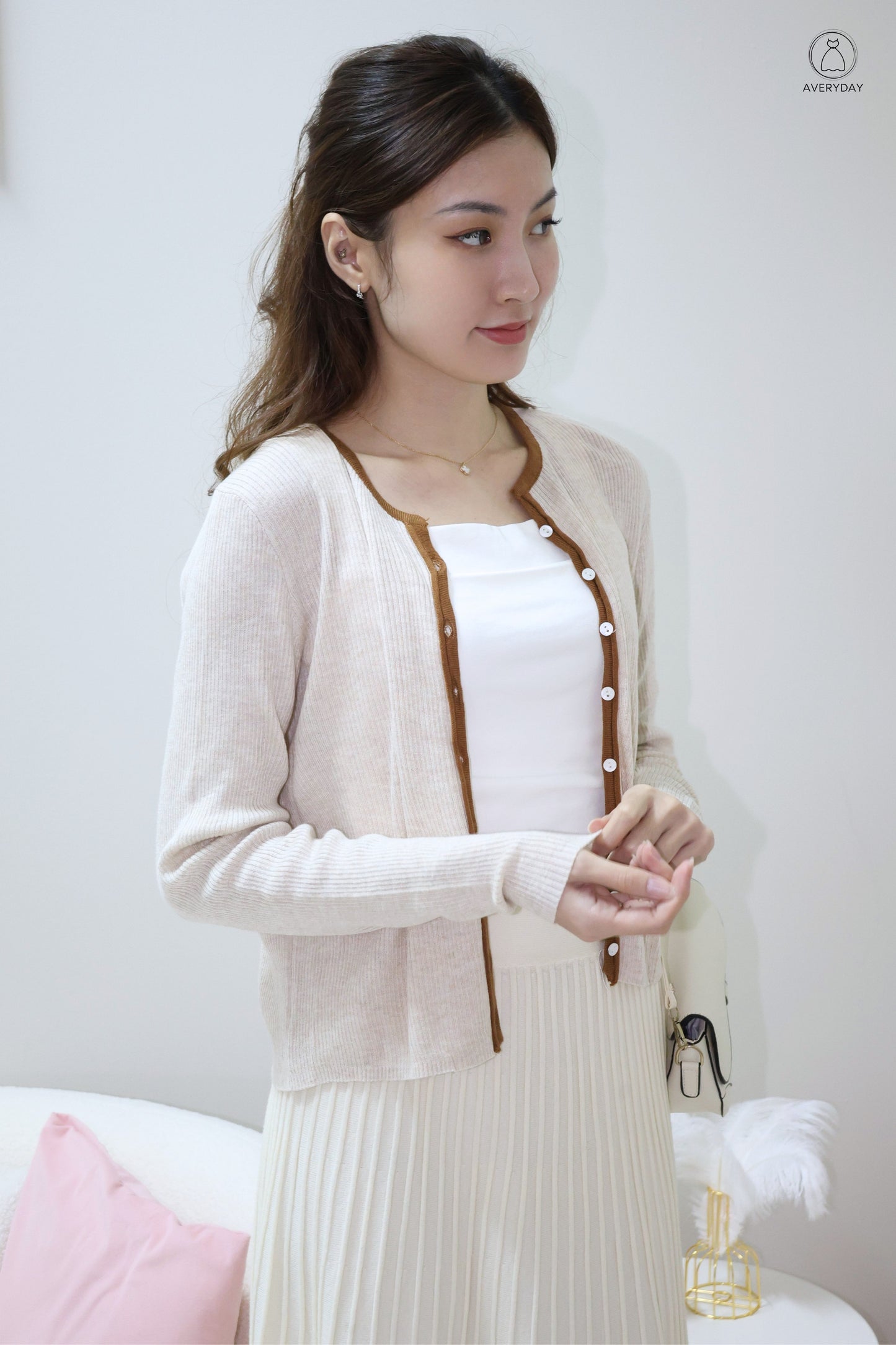 Heidi Contrast  Soft Ribbed Cardigan In Autumn