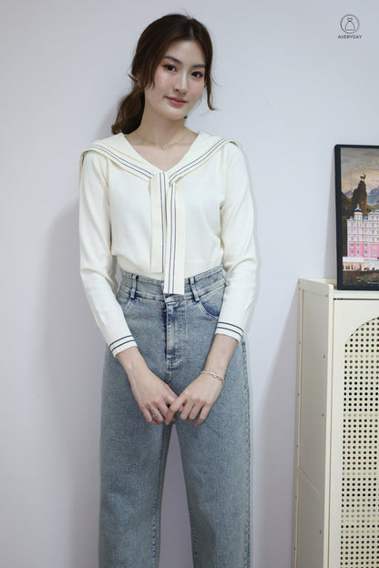 Tayler Nautical Tie Front Knit Top In Cream