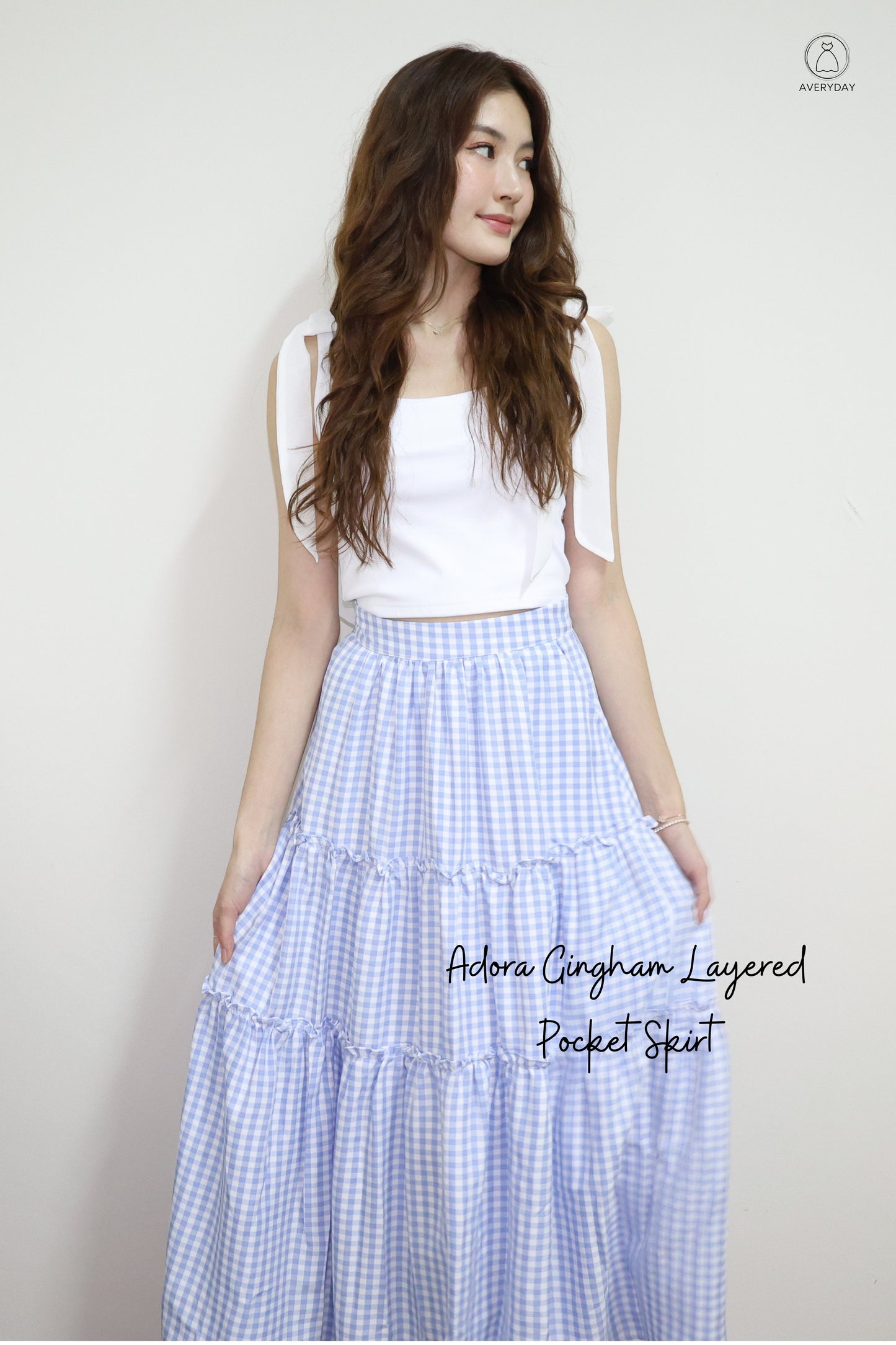 Adora Gingham Layered Pocket Skirt In Blue