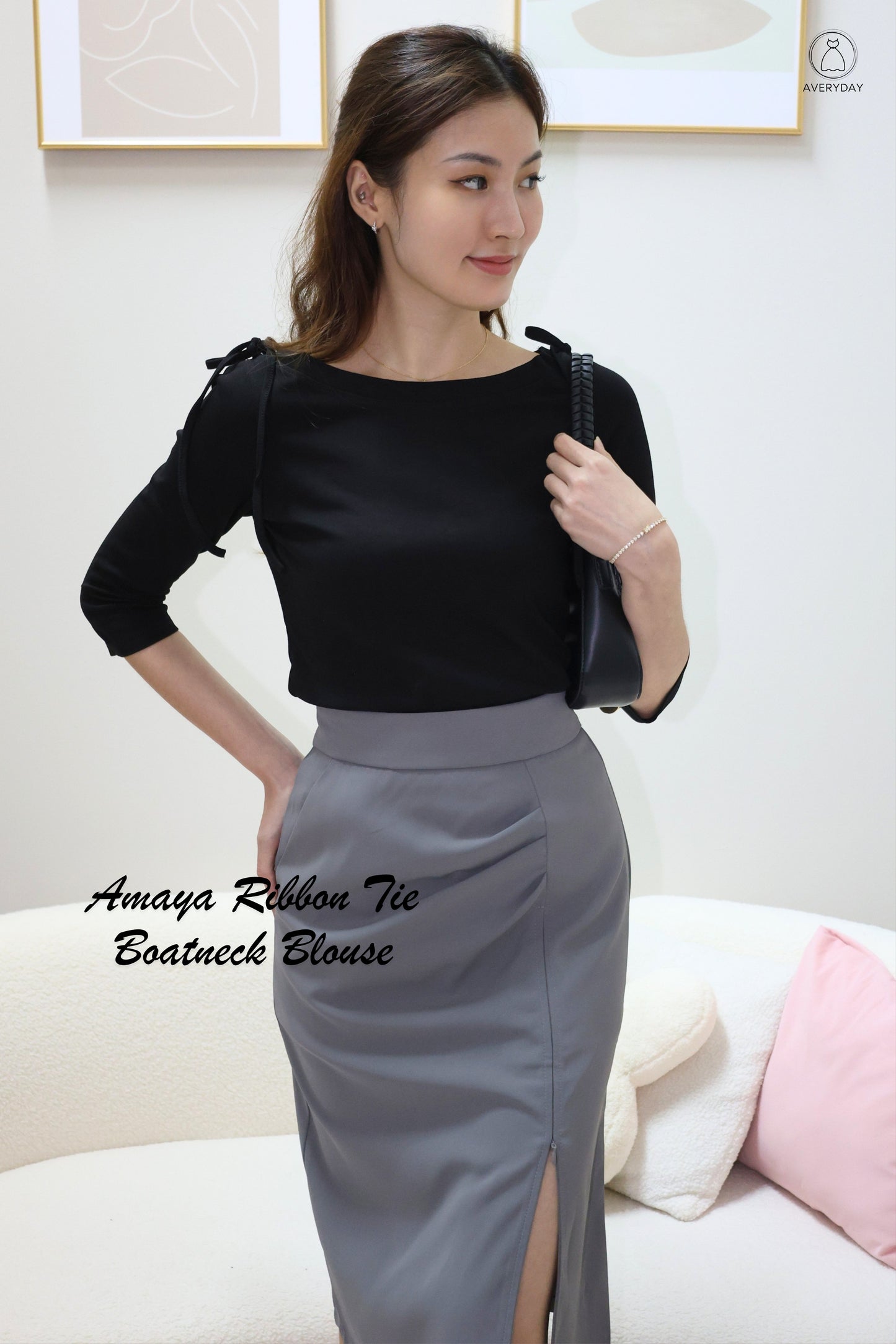 Amaya Ribbon Tie Boatneck Blouse In Black