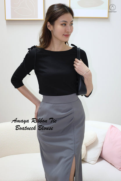 Amaya Ribbon Tie Boatneck Blouse In Black