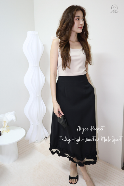 Alyce Pocket Frilly High-Waisted Midi Skirt In Black
