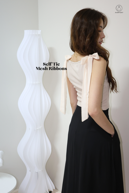 Ammie Self-Tie Mesh Ribbon Top In Taupe