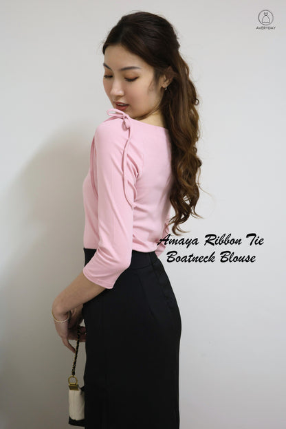Amaya Ribbon Tie Boatneck Blouse In Pink