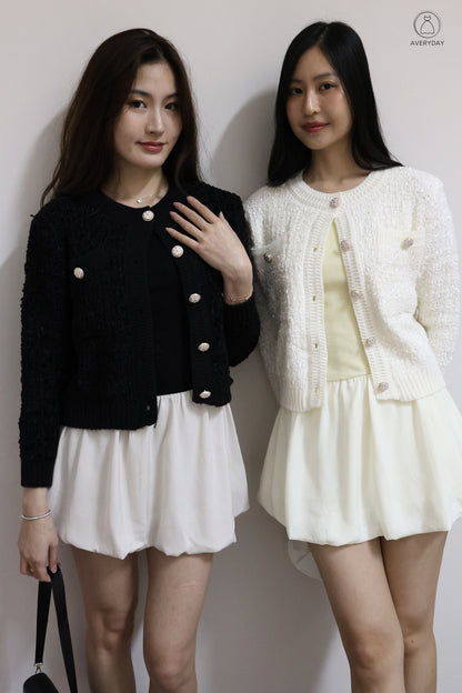 *Premium* Chenise Floral Button Glitter Knit Cardigan In Off White