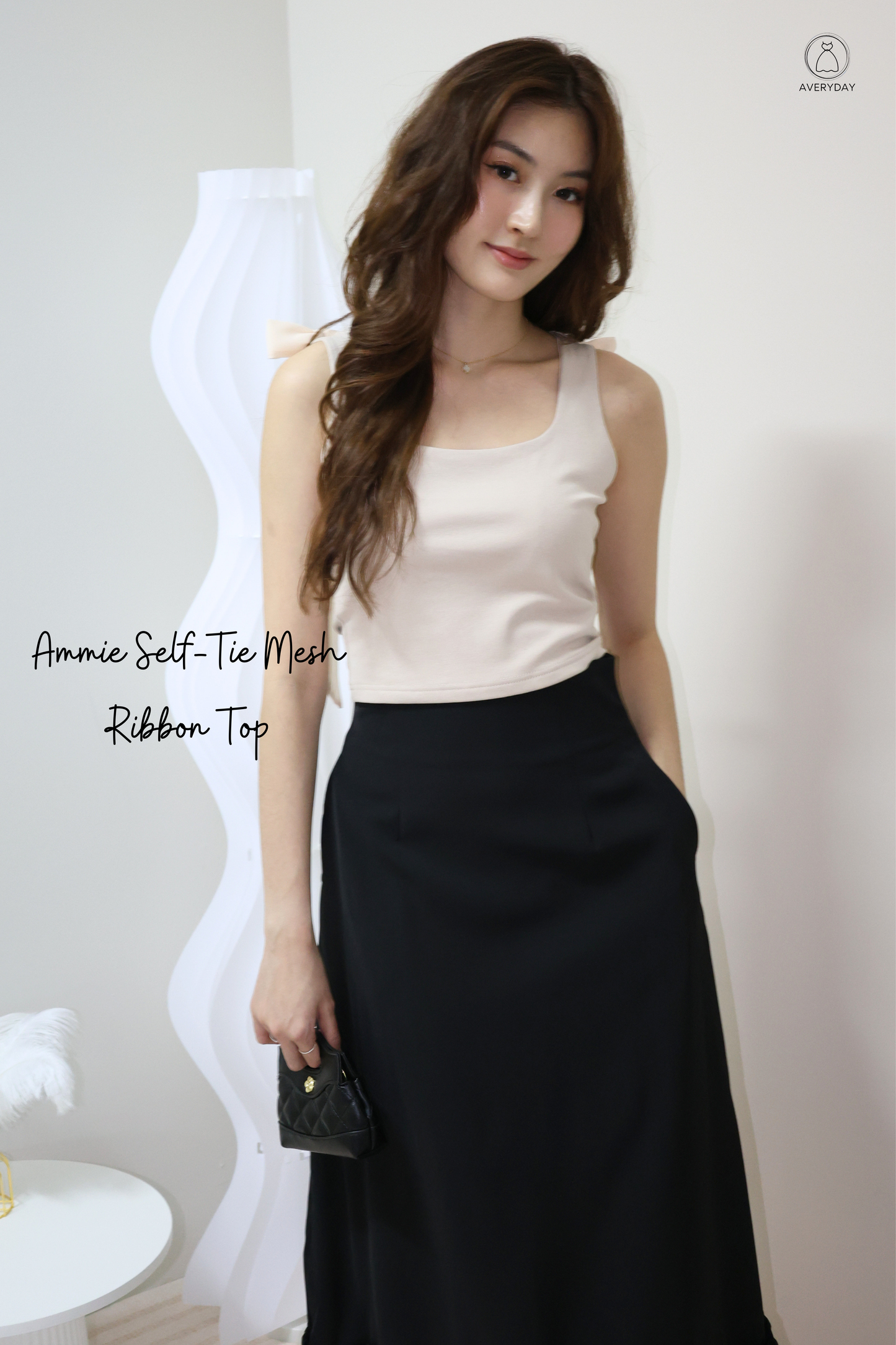 Ammie Self-Tie Mesh Ribbon Top In Taupe