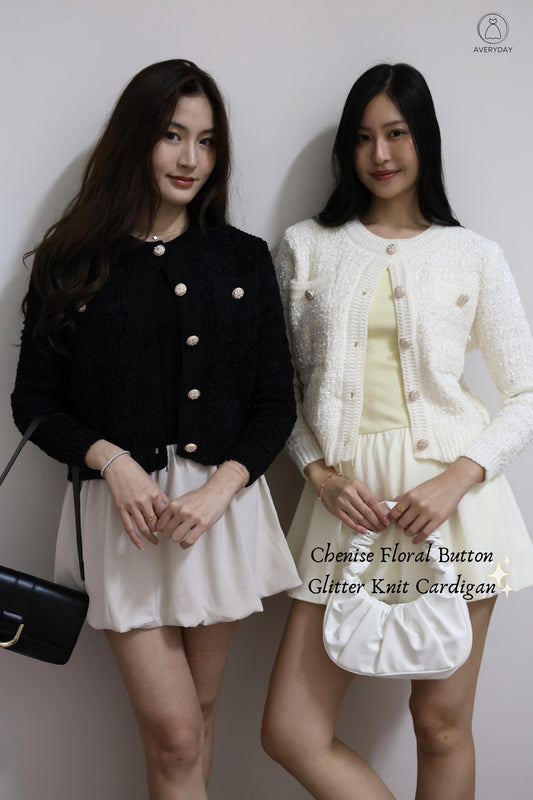 *Premium* Chenise Floral Button Glitter Knit Cardigan In Black